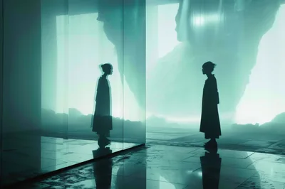 Silhouette Of A Woman Standing Before A Reflective Glass