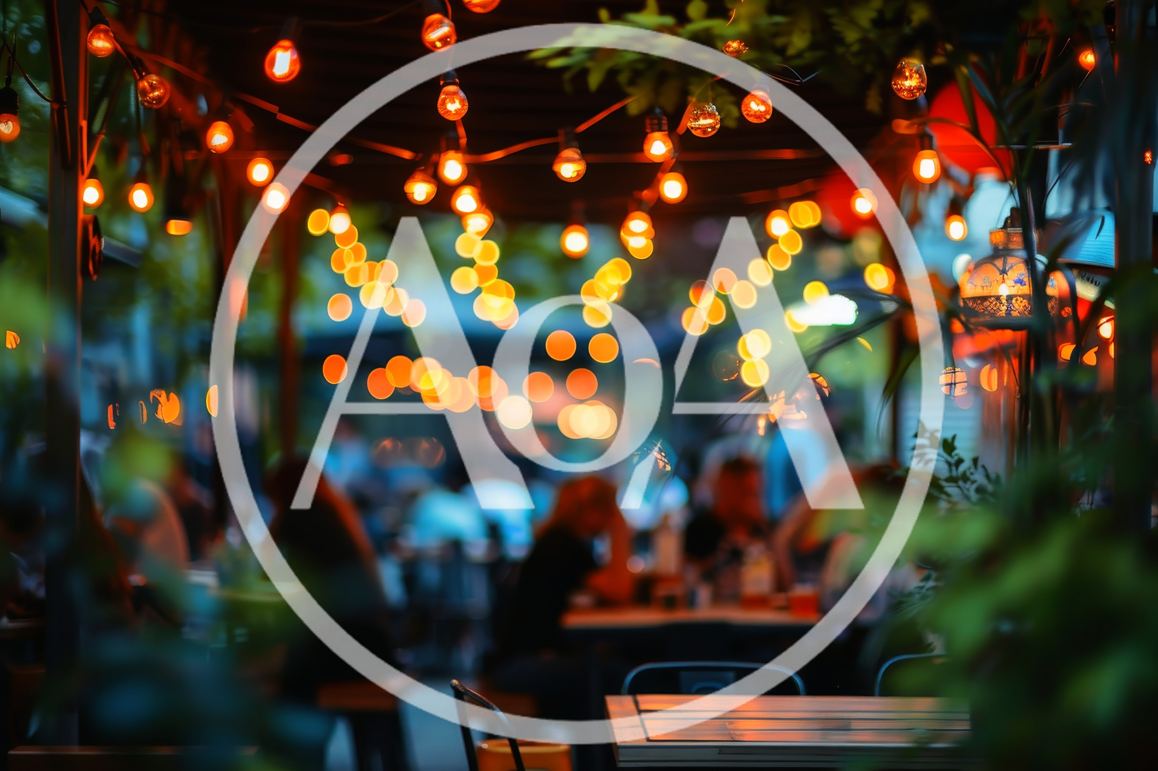 Outdoor Restaurant Patio With String Lights At Night