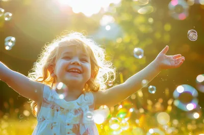 Happy Little Girl Playing With Bubbles Outdoors