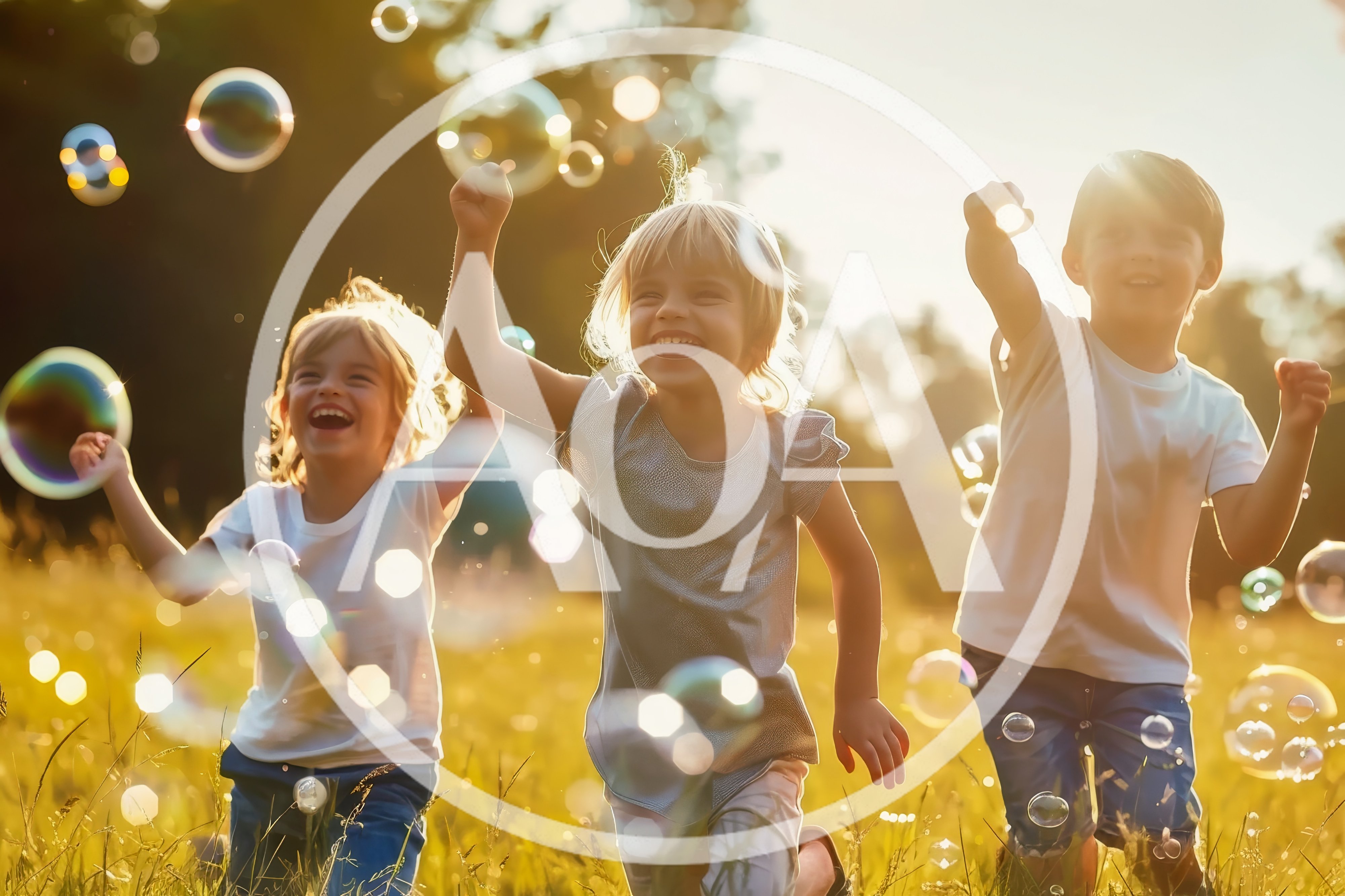 Three Happy Children Running Through Bubbles In A Meadow