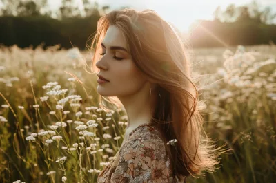 Young Woman Standing In A Sunlit Wildflower Meadow