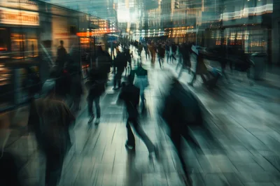 Blurred Commuters Walking Through A Busy City Street