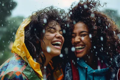 Two Joyful Women Laughing Together In The Rain