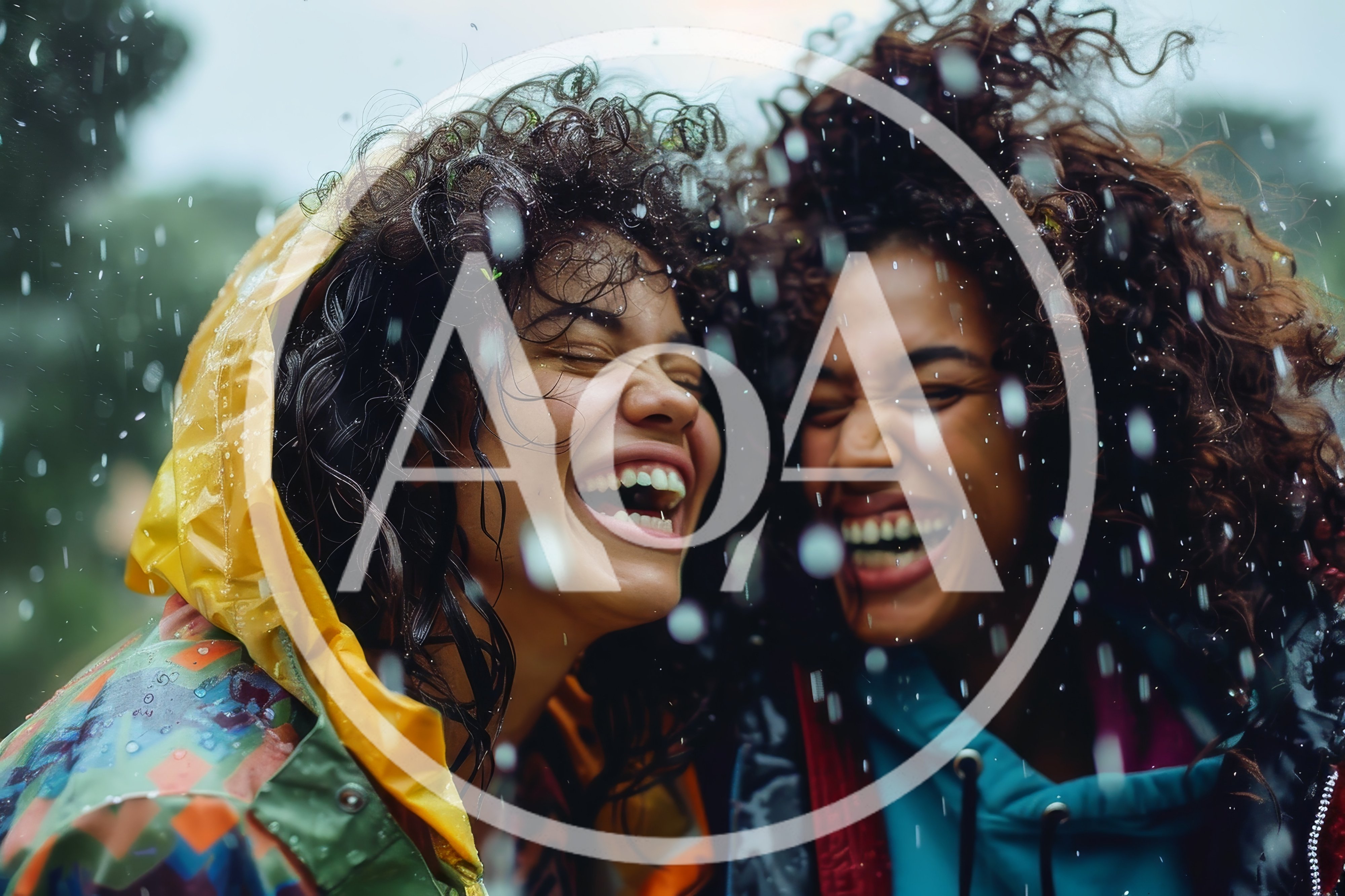 Two Joyful Women Laughing Together In The Rain