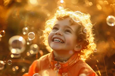 Happy Child Playing With Bubbles In Golden Sunlight