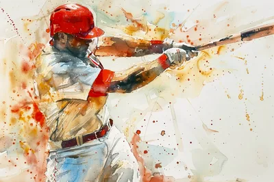 Watercolor Painting Of A Baseball Player Swinging A Bat