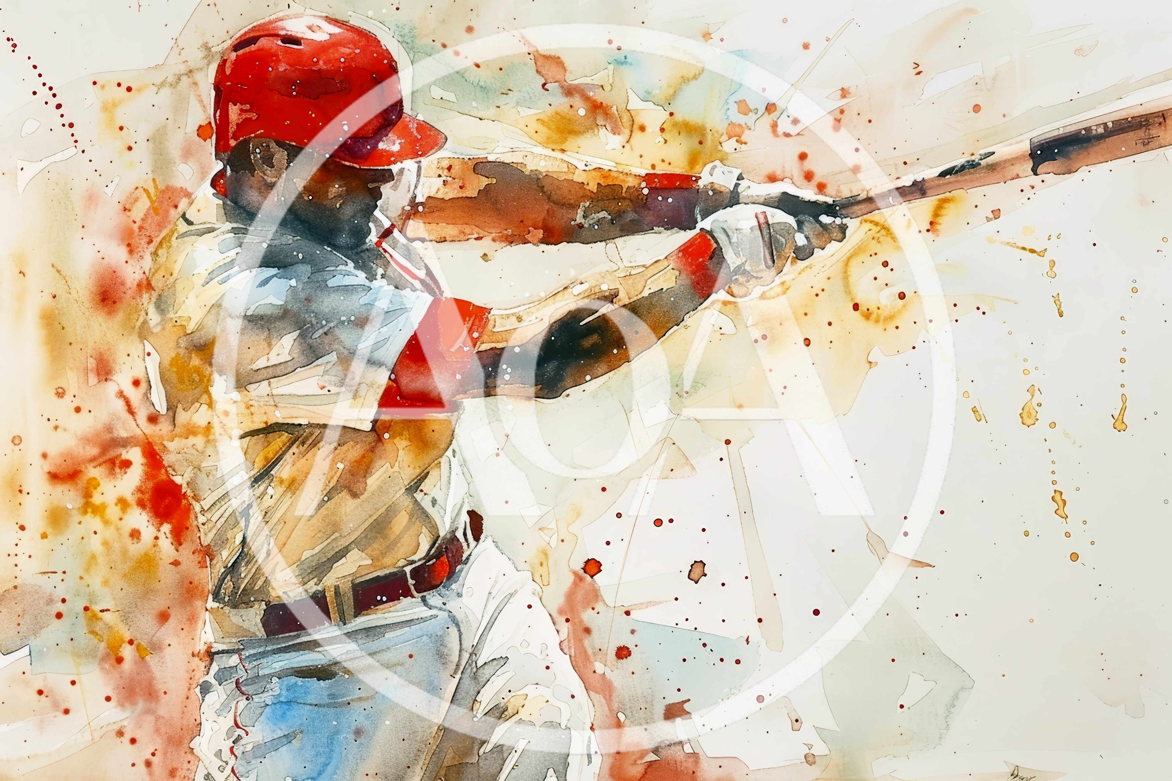 Watercolor Painting Of A Baseball Player Swinging A Bat