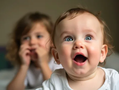 Happy Baby With Older Sibling In Background
