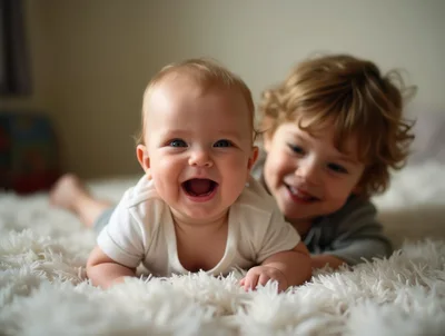 Happy Baby And Older Brother Playing On Soft Rug