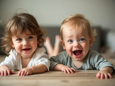 Two Happy Toddlers Lying On A Wooden Floor