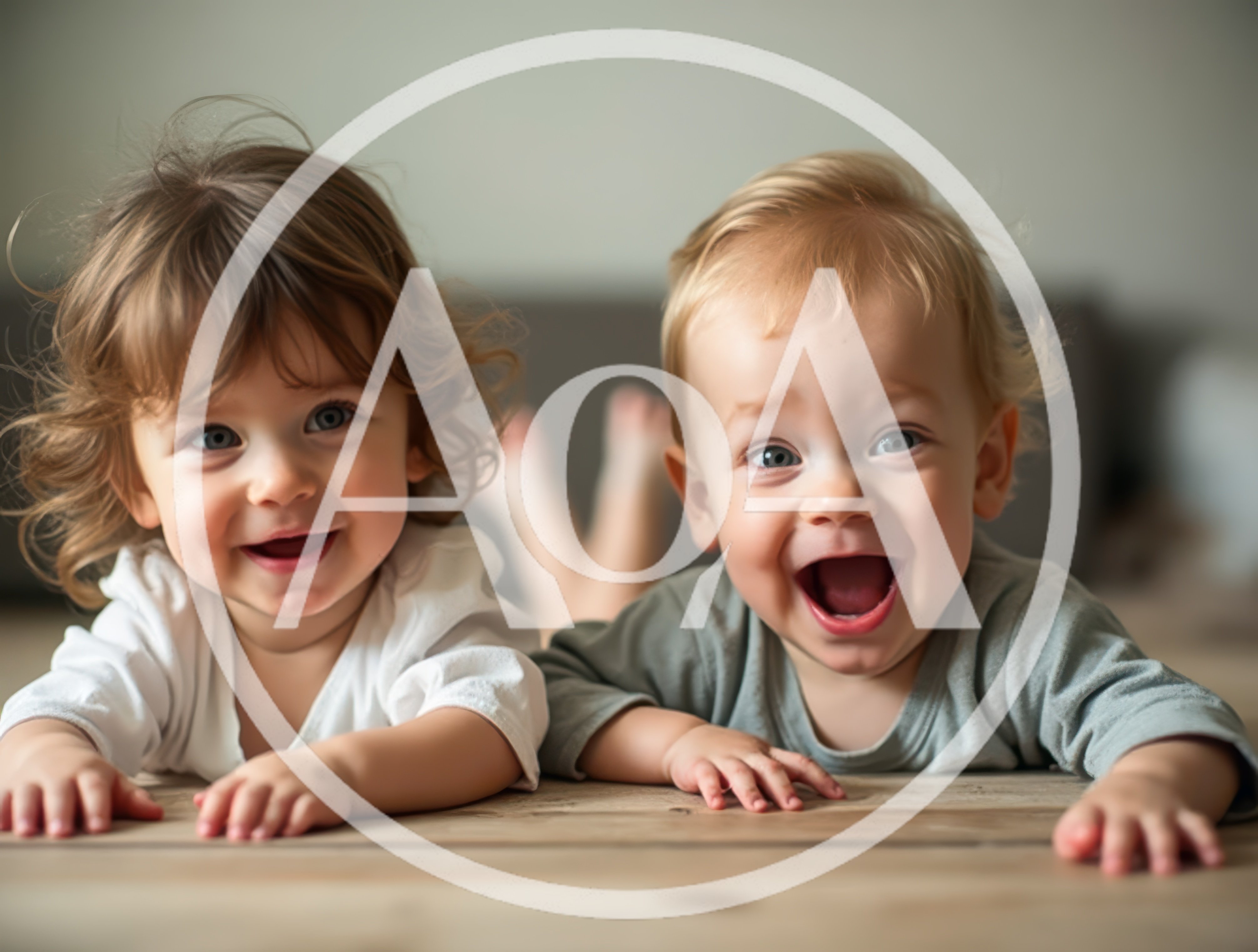 Two Happy Toddlers Lying On A Wooden Floor