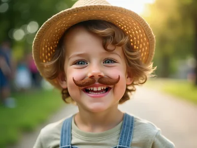 Happy Young Child Wearing A Straw Hat And Fake Mustache