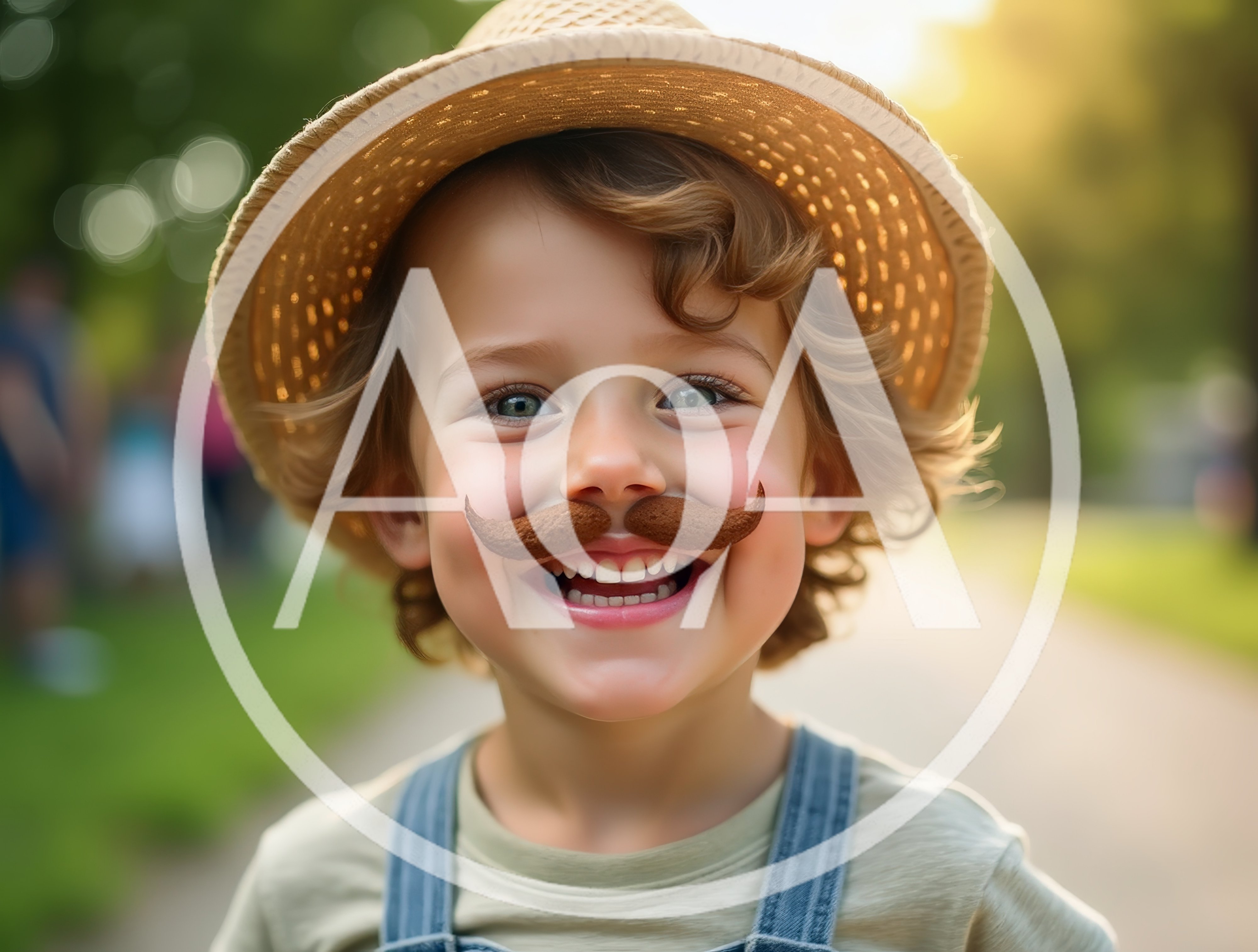 Happy Young Child Wearing A Straw Hat And Fake Mustache