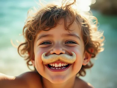 Happy Child With Golden Mustache Toy At The Beach