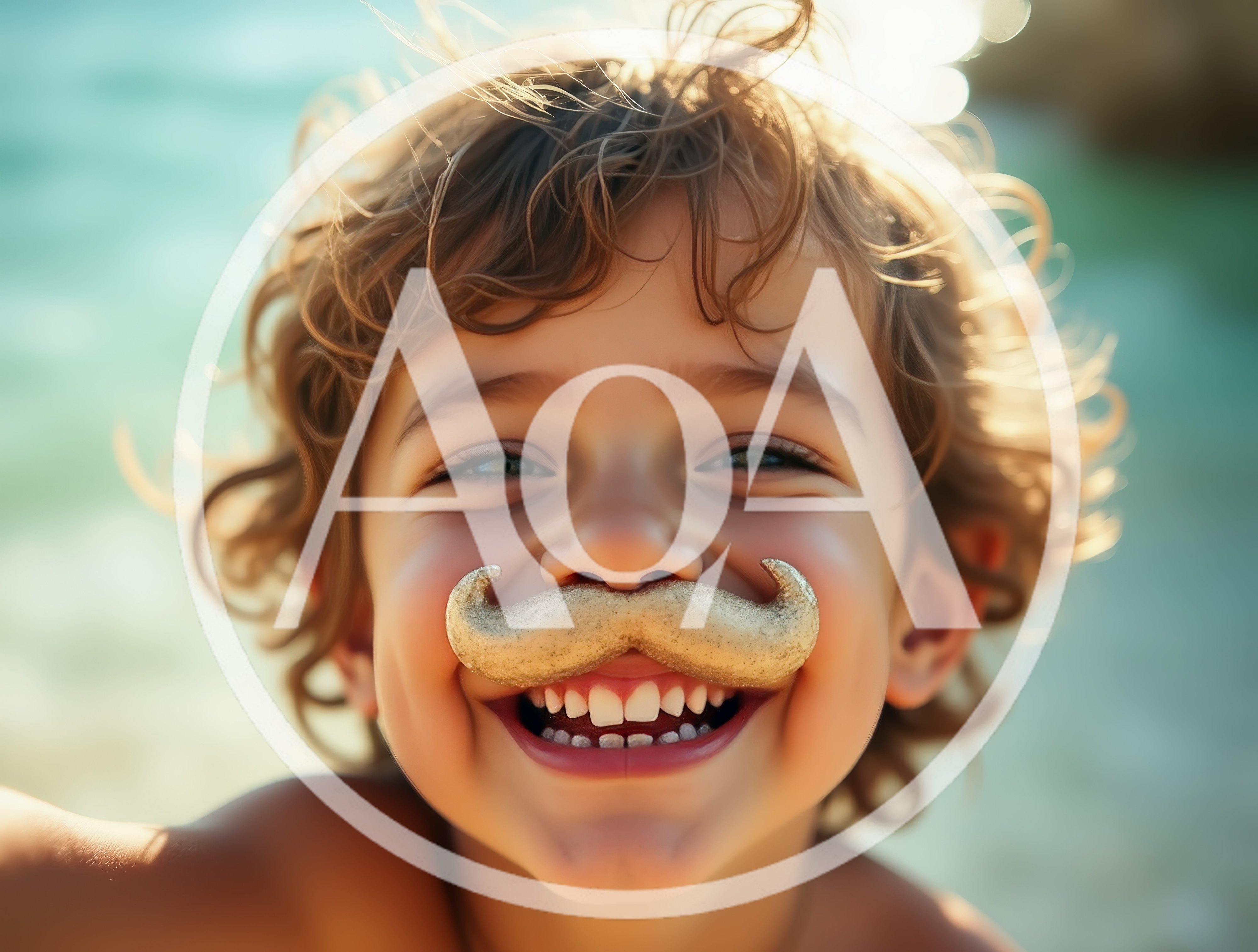 Happy Child With Golden Mustache Toy At The Beach