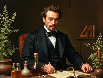 Victorian Gentleman Writing In A Study With Apothecary Bottles