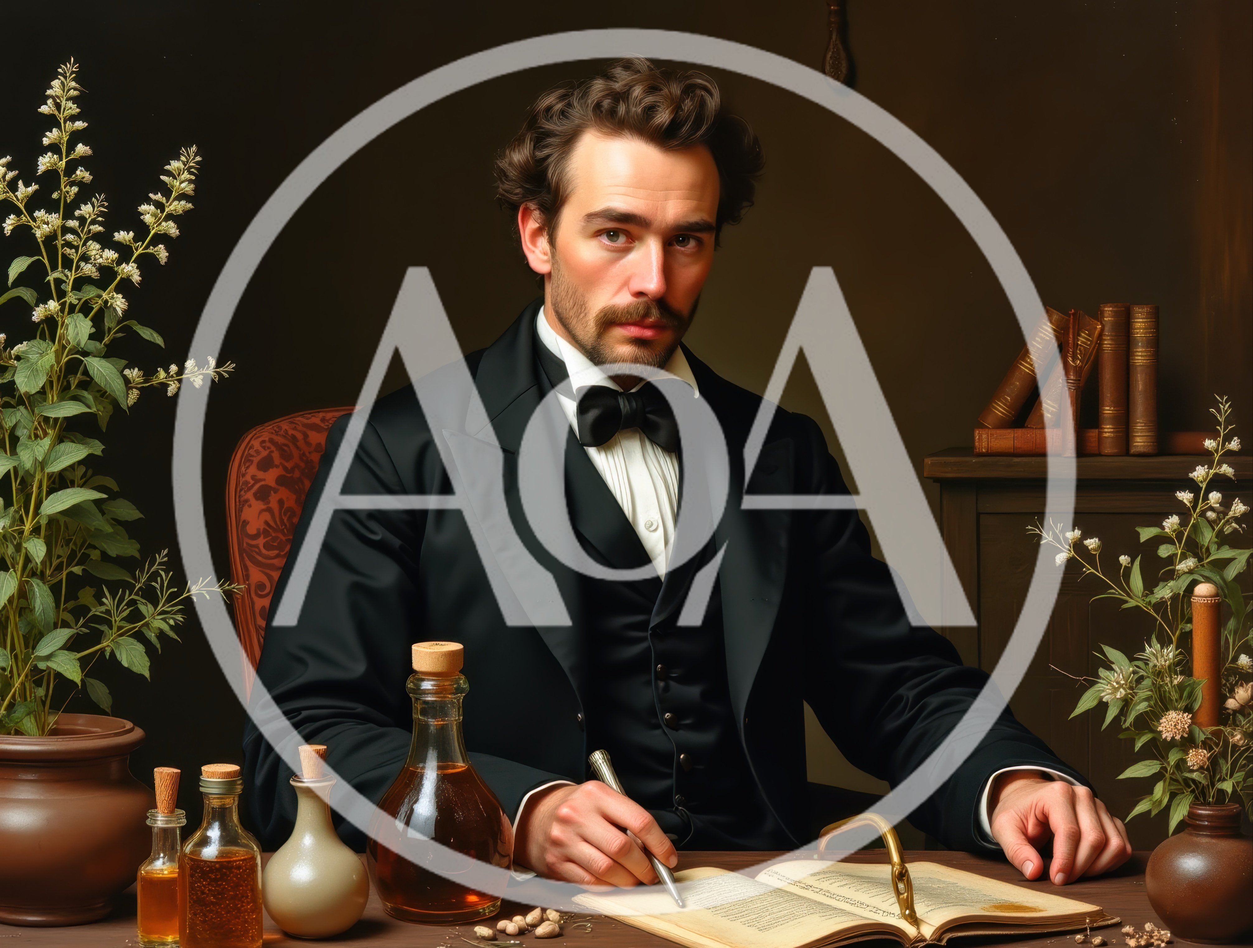 Victorian Gentleman Writing In A Study With Apothecary Bottles