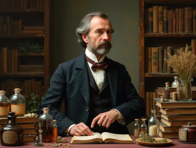 Victorian Scholar Studying Botanical Remedies In A Library