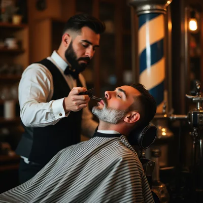 Professional Barber Trimming Client Beard in Vintage Shop