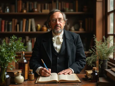 Victorian Scholar Writing In A Book At Desk