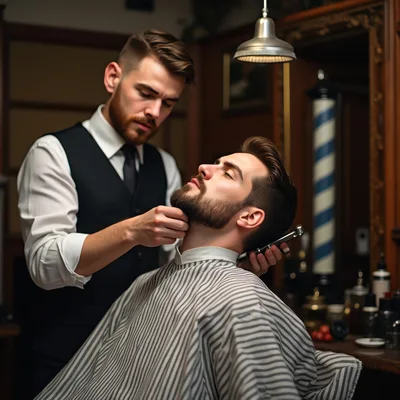 Professional Barber Grooming A Client In A Vintage Shop