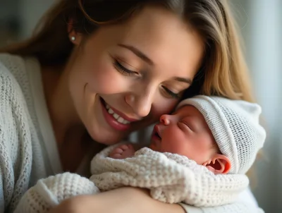 Mother Cradling Her Newborn Baby In A Soft Blanket