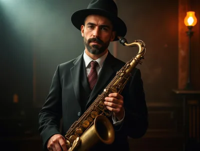 Jazz Musician Holding A Saxophone In A Dimly Lit Club