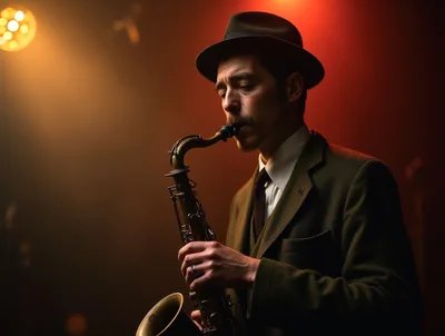 Jazz Musician Playing Saxophone In Dimly Lit Club