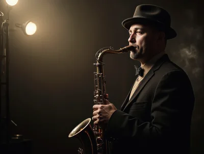 Jazz Musician Playing Saxophone In Dimly Lit Club