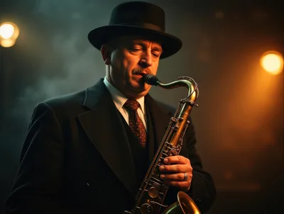 Man Playing Saxophone in Dark Jazz Club