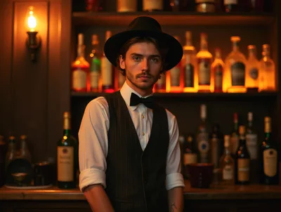Young Male Bartender Wearing A Fedora And Vest