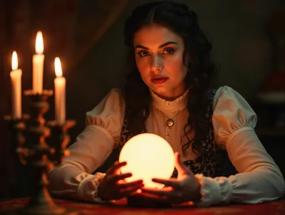 Mystical Fortune Teller Gazing Into Glowing Crystal Ball