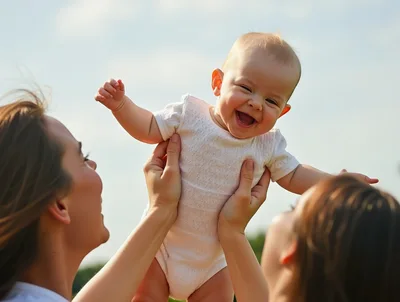 Two Mothers Lifting Their Happy Baby Outdoors