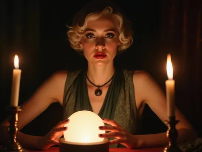 Mystical Blonde Woman Gazing Into A Glowing Crystal Ball