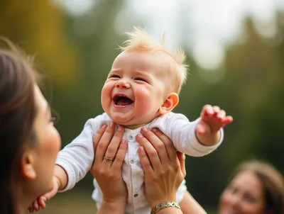 Mother Lifting Her Happy Baby Outdoors