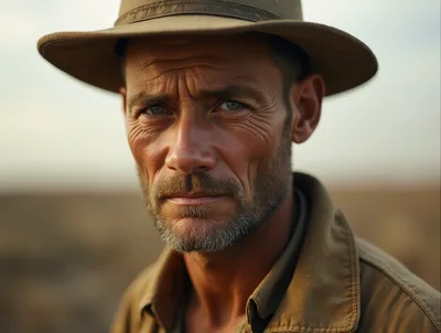 Portrait Of A Weathered Man In A Safari Hat