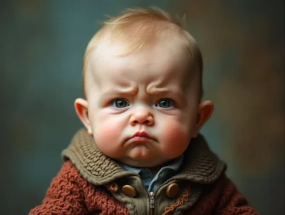 Portrait Of A Grumpy Baby In A Knitted Sweater