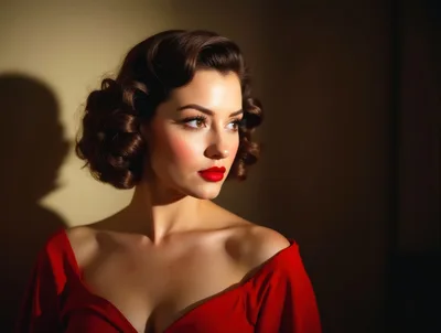 Elegant Woman With Vintage Hairstyle And Red Dress