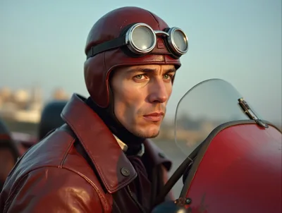 Vintage Aviator Pilot Wearing Leather Helmet And Goggles