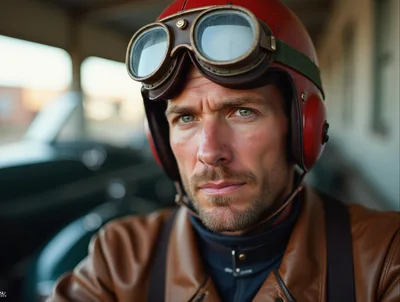Portrait Of A Vintage Aviator Wearing A Leather Jacket