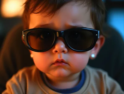 Close Up Portrait Of A Toddler Wearing Sunglasses