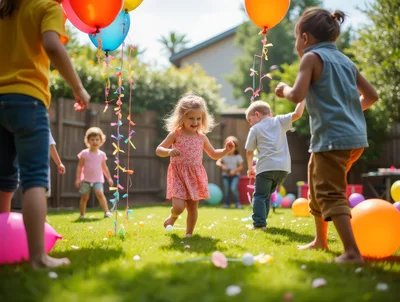 Children Playing With Balloons In A Sunny Backyard