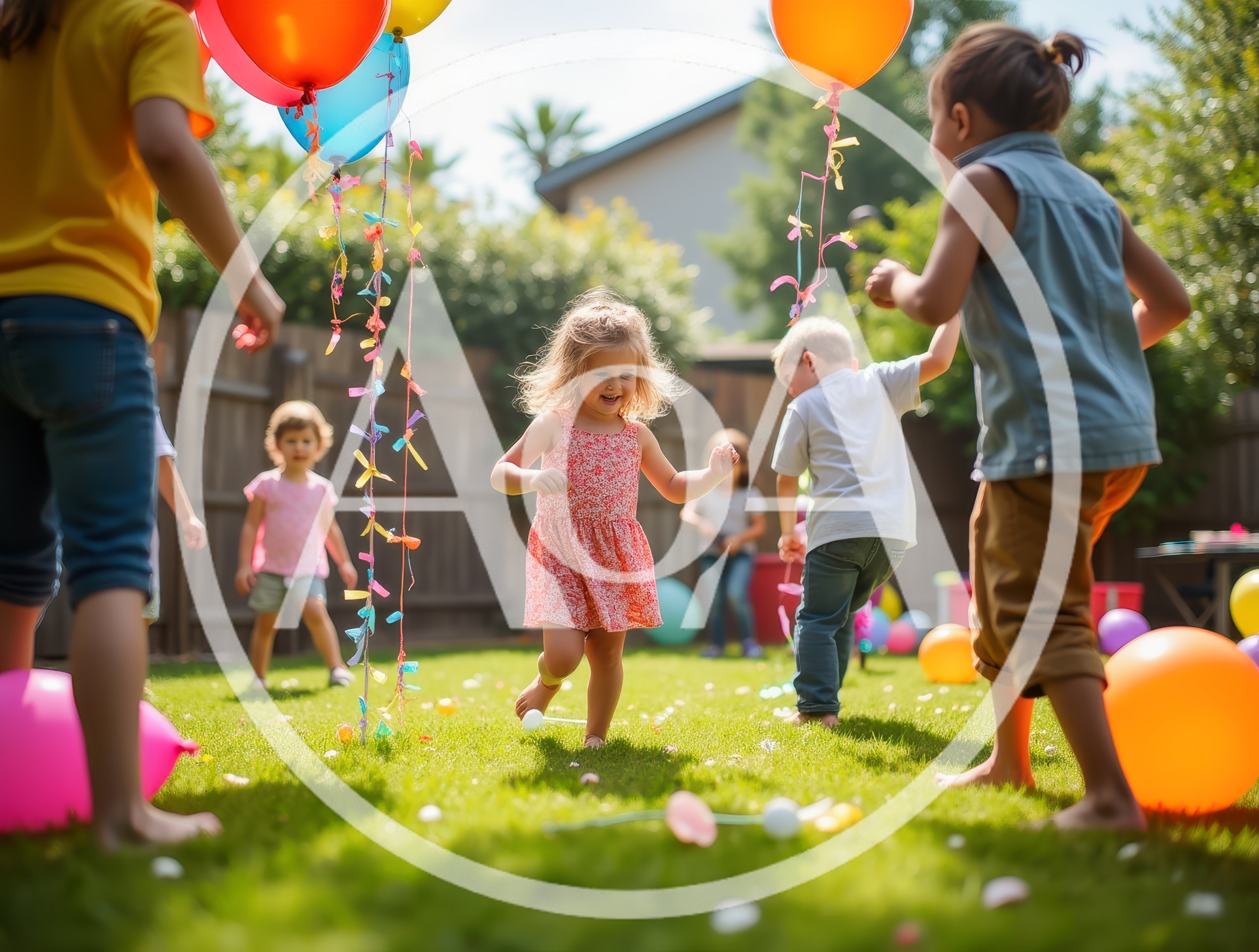 Children Playing With Balloons In A Sunny Backyard