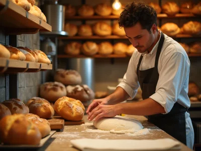Professional Baker Kneading Fresh Dough In Bakery