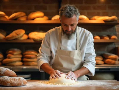 Professional Baker Kneading Dough In A Rustic Bakery