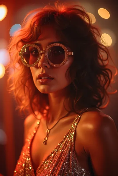 Glamorous Woman Wearing Glittery Sunglasses And Gold Dress
