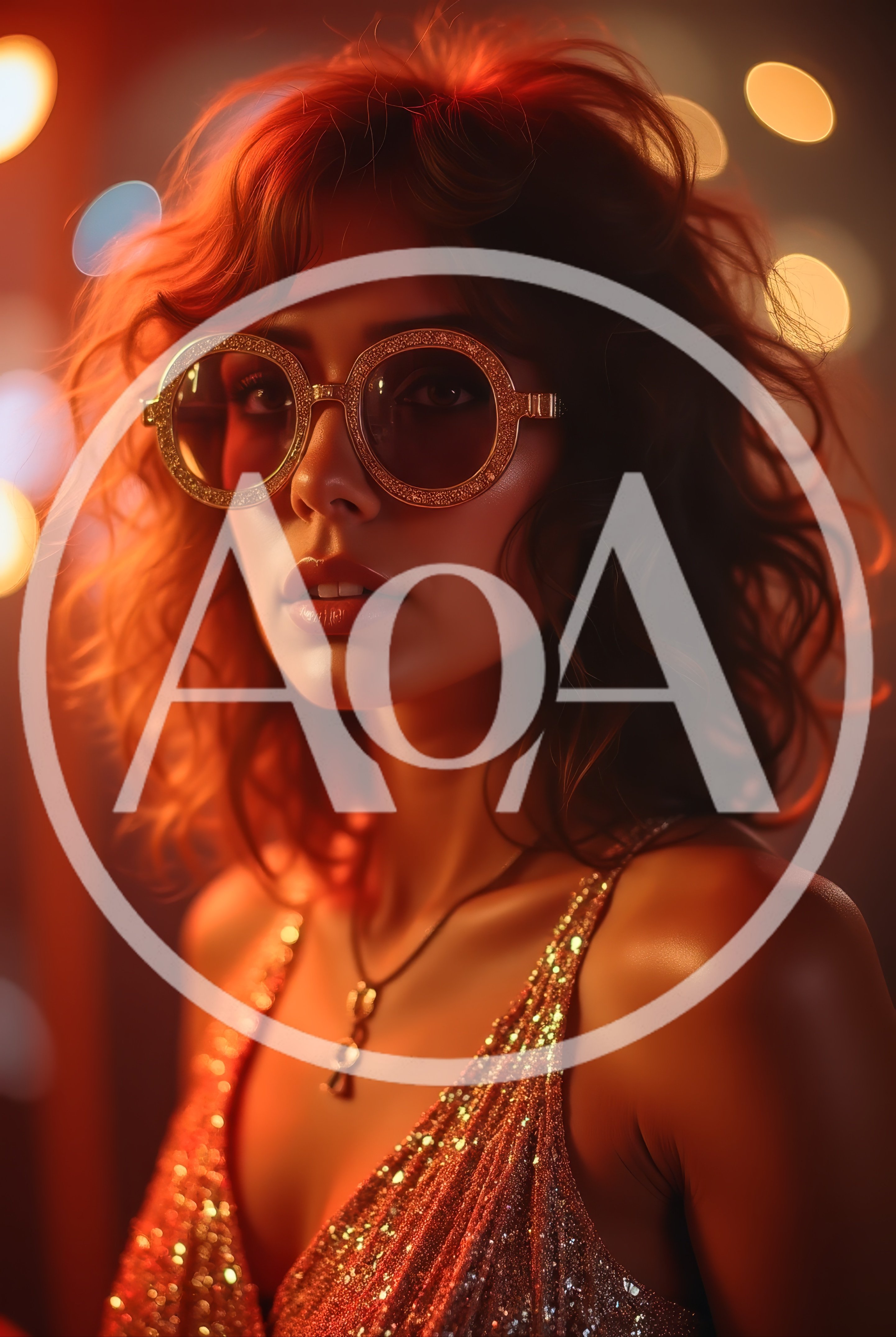 Glamorous Woman Wearing Glittery Sunglasses And Gold Dress