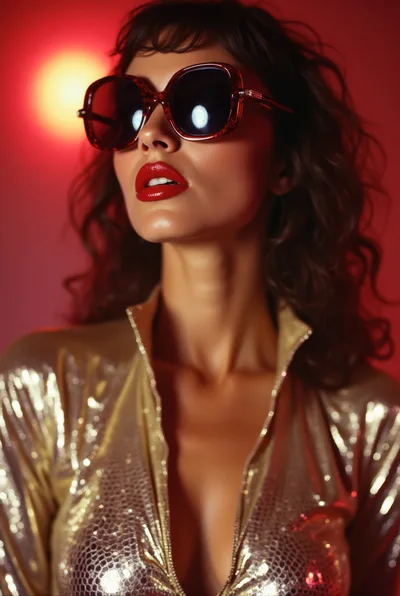 Fashionable Woman Wearing Gold Metallic Top And Sunglasses