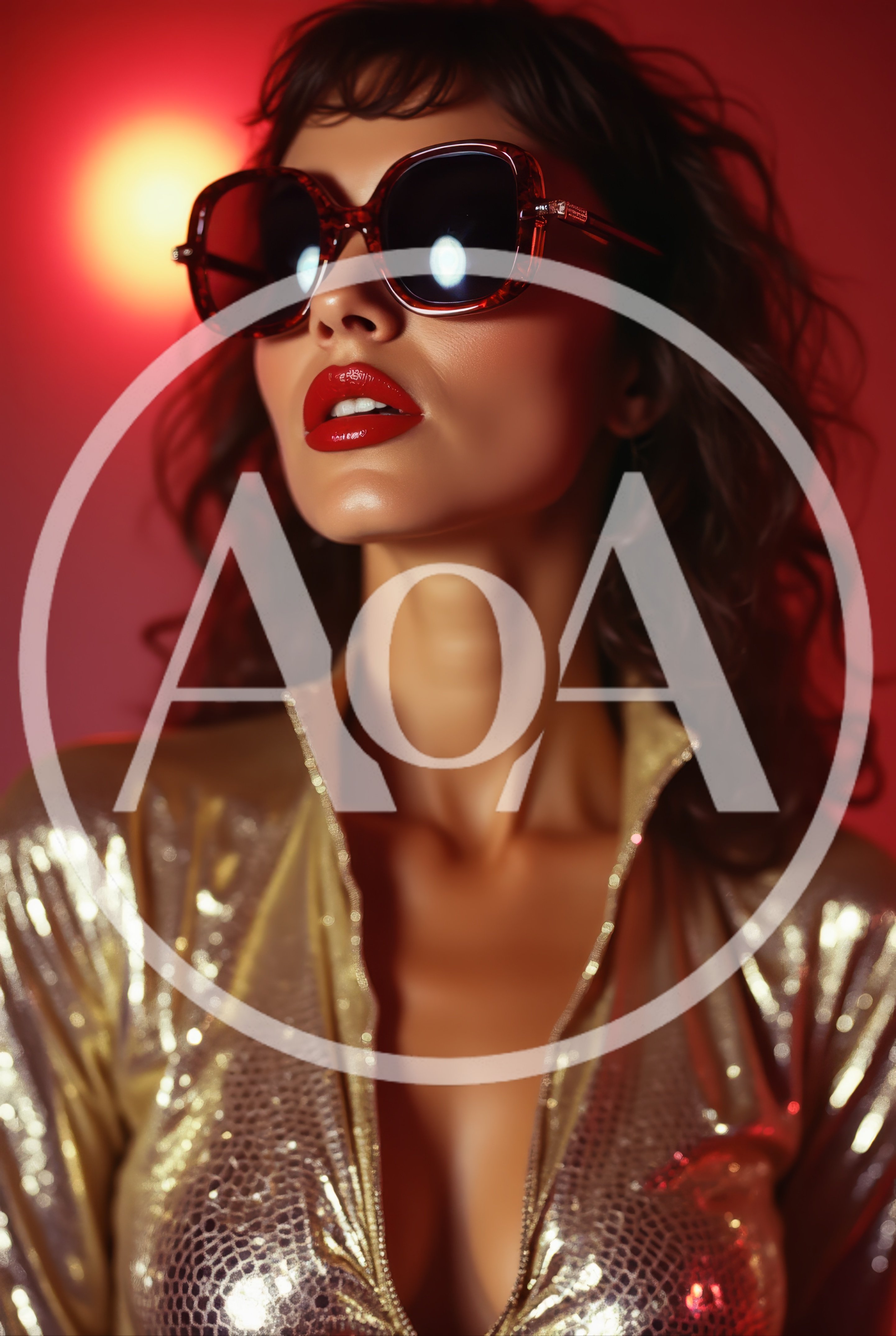 Fashionable Woman Wearing Gold Metallic Top And Sunglasses