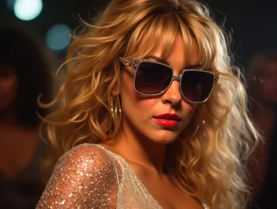 Glamorous Blonde Woman Wearing Sparkling Sunglasses At Night